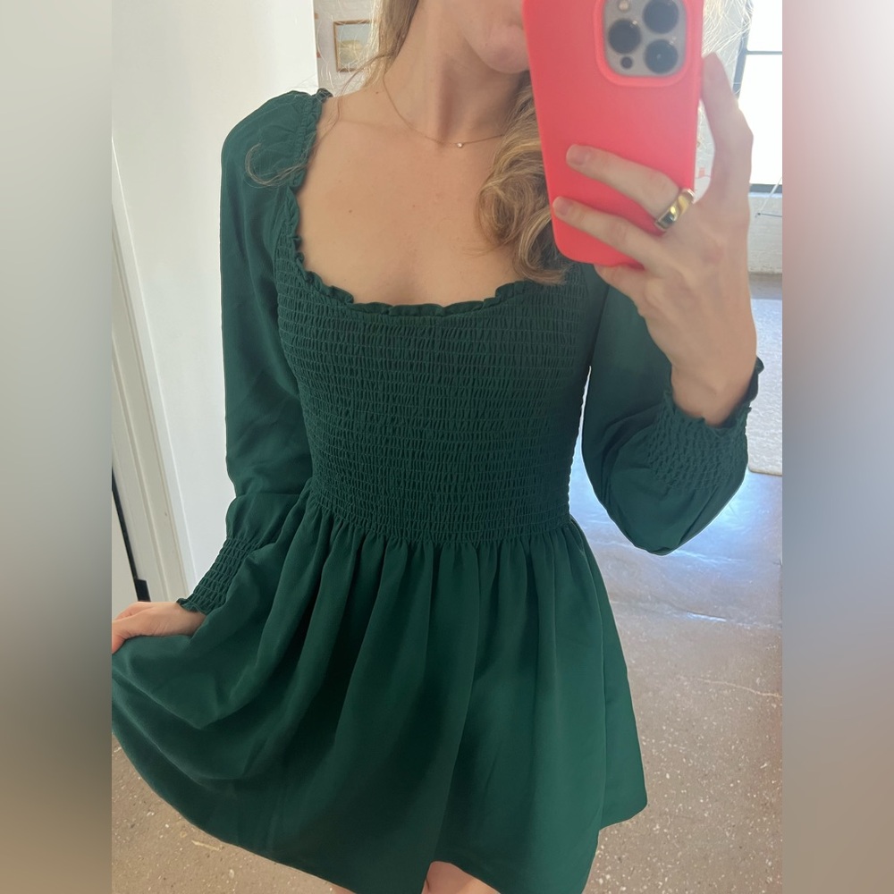 Hill House Forest Green Smocked Mini Dress
